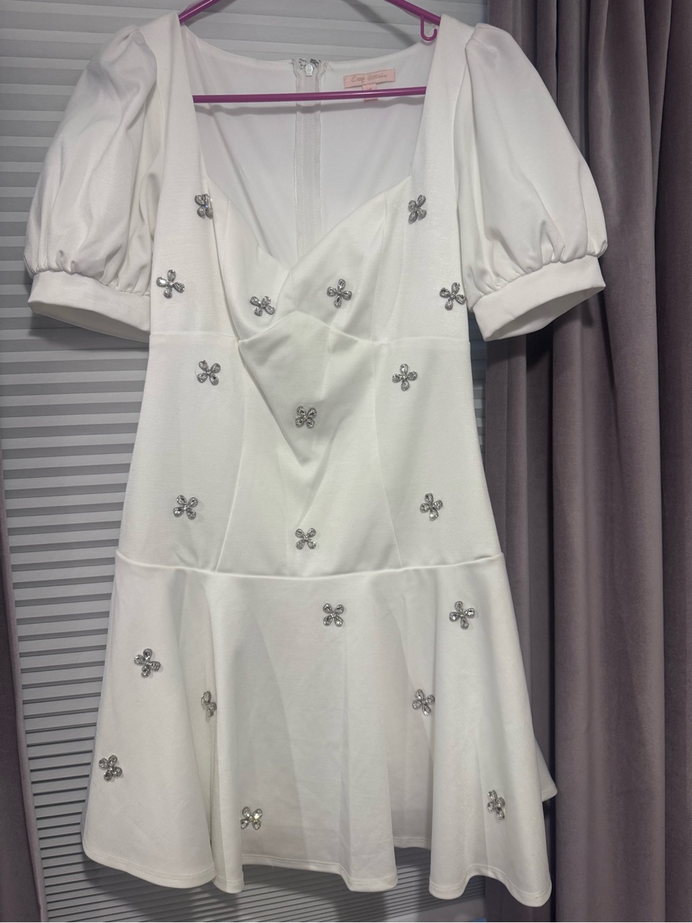 City Studio White Puff-Sleeve Mini Dress with Crystal Floral Accents